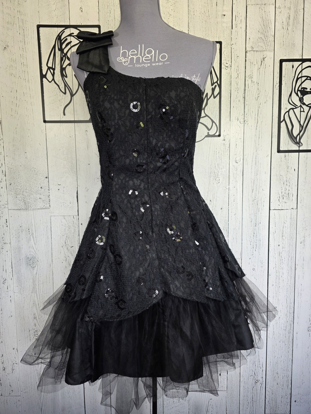 Masquerade Black Sequin Lace Tulle Party Dress Size 13/14 One Shoulder Holiday
